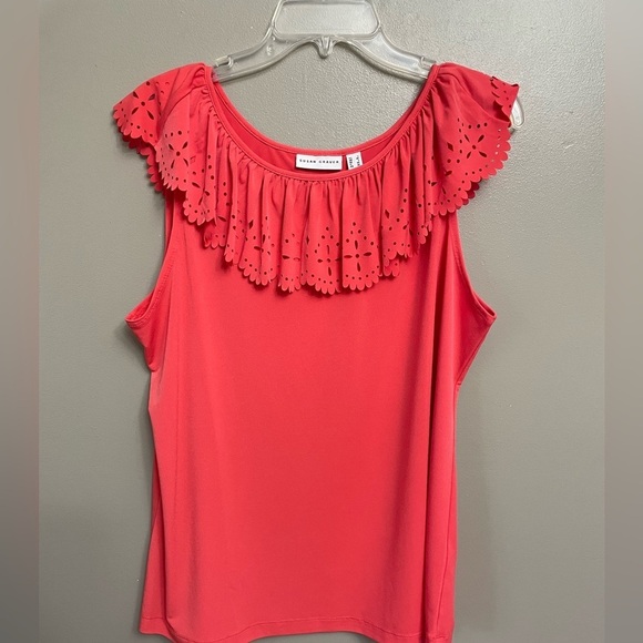 Susan Graver Tops - Susan Graver women’s size large Liquid Knit Top with Laser Cut Ruffle Coral Reef